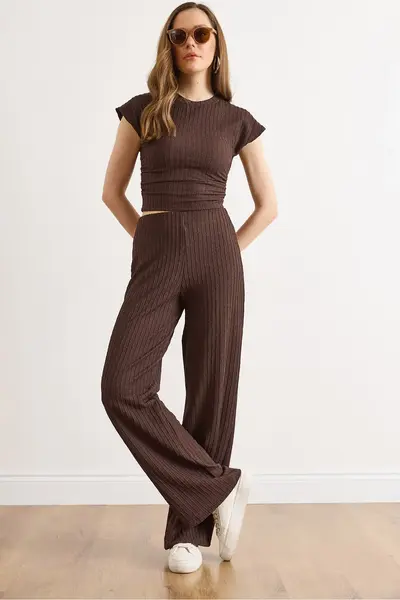 Olalook Women's Brown Drape Detailed Blouse and Trousers Set