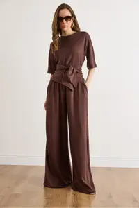 Olalook Women's Brown Self Belted Blouse Flowy Suit - Image 2