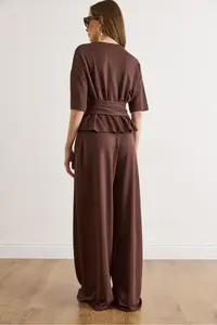 Olalook Women's Brown Self Belted Blouse Flowy Suit - Image 6