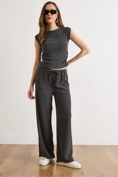 Olalook Women's Anthracite Blouse Trousers Textured Suit