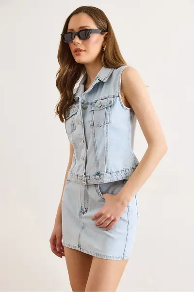 Olalook Women's Light Blue Vest Skirt Washed Suit
