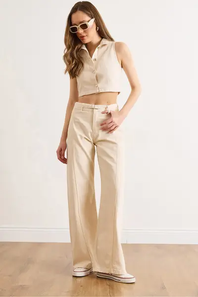 Olalook Women Cream Vest Pants DENIM Set