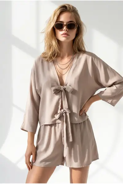 Olalook Women's Stone Woven Viscose Jacket Shorts Set