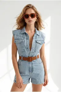 Olalook Women's Blue Belted Pocket Denim Shorts Overalls - Image 2