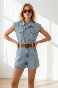 Olalook Women's Blue Belted Pocket Denim Shorts Overalls - Image 5