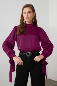 TRENDYOLMİLLA Plum Binding Detailed Satin Weaving Blouse - Image 2
