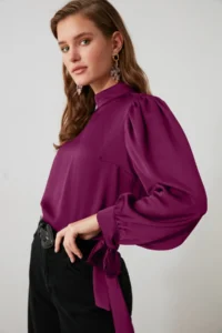 TRENDYOLMİLLA Plum Binding Detailed Satin Weaving Blouse - Image 3