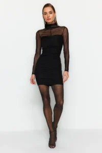 TRENDYOLMİLLA Black bodycone/Bodysuit hugging Short / Mini Knitting Tulle Dress