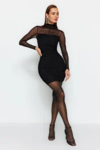 TRENDYOLMİLLA Black bodycone/Bodysuit hugging Short / Mini Knitting Tulle Dress - Image 2