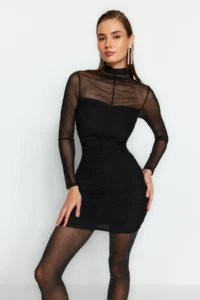 TRENDYOLMİLLA Black bodycone/Bodysuit hugging Short / Mini Knitting Tulle Dress - Image 3