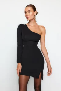 TRENDYOLMİLLA Black bodycone/Bodysuit hugging Short / Mini Weaving Dress - Image 2