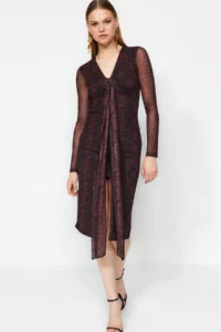 TRENDYOLMİLLA Multicolored Hayvan Patterned wrap Knitting Lined Tulle Chic Evening Gown Dress - Image 2