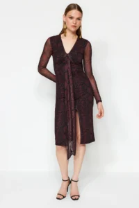 TRENDYOLMİLLA Multicolored Hayvan Patterned wrap Knitting Lined Tulle Chic Evening Gown Dress - Image 3