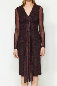 TRENDYOLMİLLA Multicolored Hayvan Patterned wrap Knitting Lined Tulle Chic Evening Gown Dress - Image 4