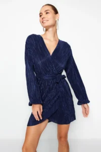 TRENDYOLMİLLA NAVY BLUE skater/Belden Flared Short / Mini Knitting Dress - Image 2