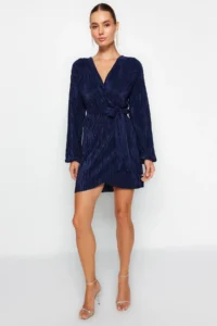 TRENDYOLMİLLA NAVY BLUE skater/Belden Flared Short / Mini Knitting Dress - Image 3