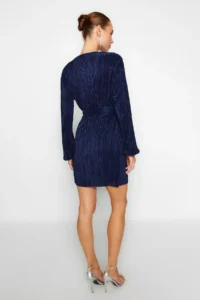 TRENDYOLMİLLA NAVY BLUE skater/Belden Flared Short / Mini Knitting Dress - Image 6
