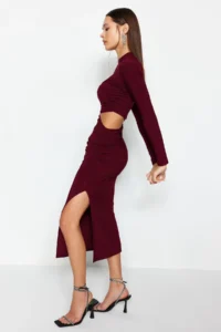 TRENDYOLMİLLA Burgundy Cut Out Detailed shift/Plain Cut Midi Knitting Dress - Image 2