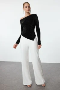 TRENDYOLMİLLA Black Asymmetric Collar Simli Knitting Elegant/Evening Party Blouse - Image 2