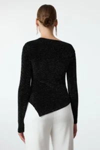 TRENDYOLMİLLA Black Asymmetric Collar Simli Knitting Elegant/Evening Party Blouse - Image 6