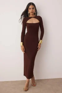 TRENDYOLMİLLA Brown Cut Out Detailed bodycone/Bodysuit hugging Maxi Knitting Dress