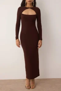TRENDYOLMİLLA Brown Cut Out Detailed bodycone/Bodysuit hugging Maxi Knitting Dress - Image 3