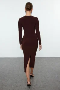 TRENDYOLMİLLA Brown Keyhole Collar bodycone/Bodysuit hugging Midi Knitting Dress - Image 5