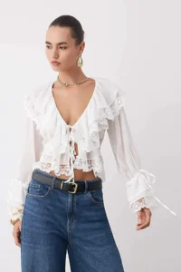 TRENDYOLMİLLA Ecru Transparan Lace Detailed Frilly Weaving  Party Blouse - Image 2
