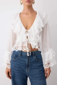 TRENDYOLMİLLA Ecru Transparan Lace Detailed Frilly Weaving  Party Blouse - Image 3