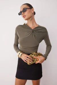 TRENDYOLMİLLA Khaki Node Detailed Knitting Party Blouse