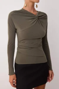 TRENDYOLMİLLA Khaki Node Detailed Knitting Party Blouse - Image 3