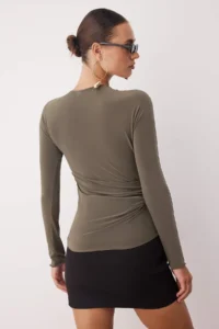 TRENDYOLMİLLA Khaki Node Detailed Knitting Party Blouse - Image 4