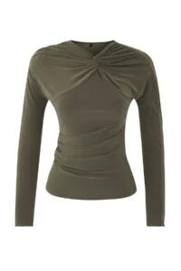 TRENDYOLMİLLA Khaki Node Detailed Knitting Party Blouse - Image 5