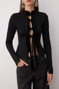 TRENDYOLMİLLA Black Floral  Collar LONG Knitting jacquard Party Blouse - Image 3