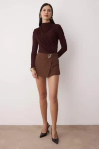 TRENDYOLMİLLA Brown Shirred Vatka Detailed Knitting Party Blouse - Image 2