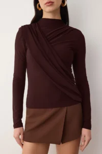 TRENDYOLMİLLA Brown Shirred Vatka Detailed Knitting Party Blouse - Image 3