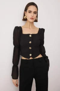 TRENDYOLMİLLA Black Square Neck Balloon Sleeve Button Detailed Weaving Blouse