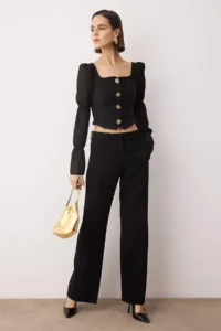 TRENDYOLMİLLA Black Square Neck Balloon Sleeve Button Detailed Weaving Blouse - Image 2