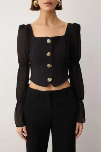 TRENDYOLMİLLA Black Square Neck Balloon Sleeve Button Detailed Weaving Blouse - Image 3