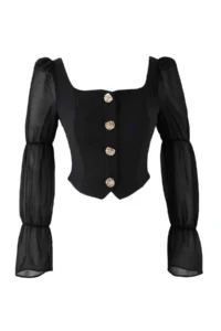 TRENDYOLMİLLA Black Square Neck Balloon Sleeve Button Detailed Weaving Blouse - Image 5