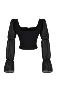 TRENDYOLMİLLA Black Square Neck Balloon Sleeve Button Detailed Weaving Blouse - Image 6