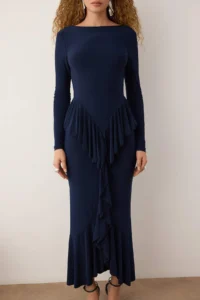 TRENDYOLMİLLA NAVY BLUE bodycone/Bodysuit hugging Maxi Knitting Dress - Image 3