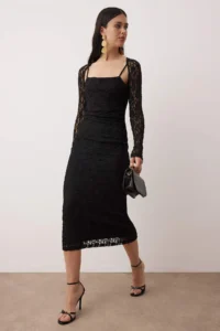 TRENDYOLMİLLA Black bodycone/Bodysuit hugging Maxi Knitting Lace Dress - Image 2