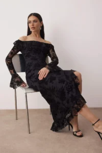 TRENDYOLMİLLA Black Carmen Collar shift/Plain Cut Maxi Knitting Dress - Image 2