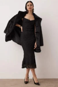 TRENDYOLMİLLA Black Fish Form Midi Knitting Lace Dress