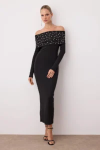 TRENDYOLMİLLA Black Knitting Stone Print Detailed Maxi Unlined her dress - Image 2