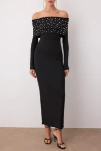 TRENDYOLMİLLA Black Knitting Stone Print Detailed Maxi Unlined her dress - Image 3