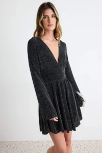 TRENDYOLMİLLA Black Simli skater/Belden Flared Short / Mini Knitting Dress - Image 2