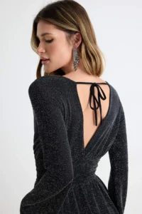 TRENDYOLMİLLA Black Simli skater/Belden Flared Short / Mini Knitting Dress - Image 3