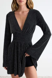 TRENDYOLMİLLA Black Simli skater/Belden Flared Short / Mini Knitting Dress - Image 4